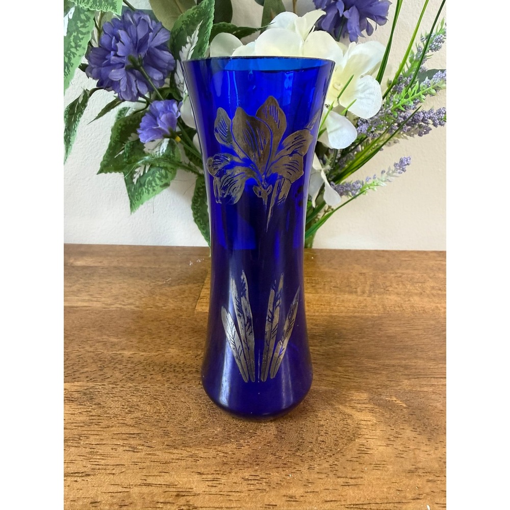 Vintage Cobalt Blue Glass Vase Silver Floral Overlay Iris Flower Art Glass